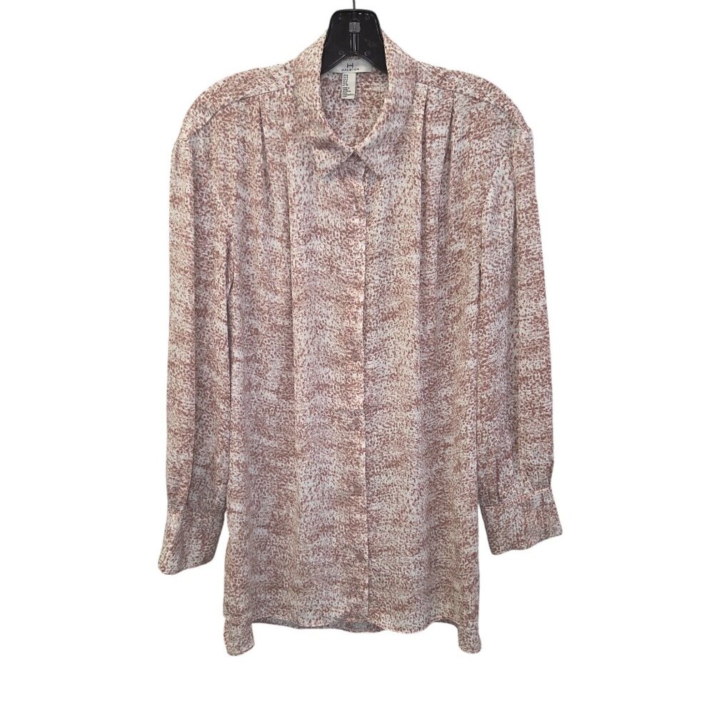 Halston Womens Button-Up Long Sleeve Blouse M Brown & Cream Animal Print 3935